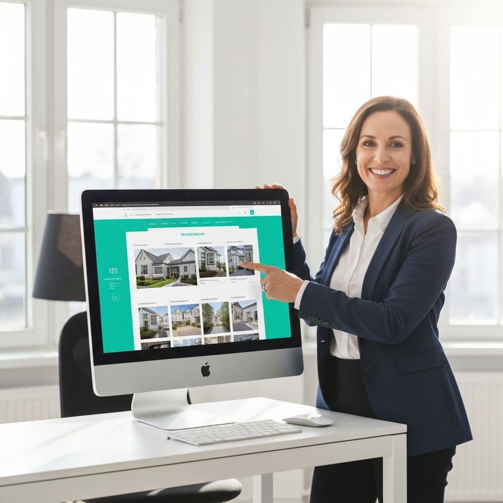 Happy real estate agent presenting their professional website